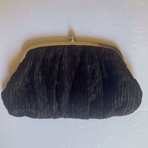 Vintage 80's Neiman Marcus Clutch Black Ruffled Silk CZ Inlaid Round Clasp EUC